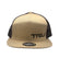 Tru Automotive seven panel trucker hat in khaki with brown mesh back and brown embroidered TRU logo, front view on white background