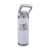 Tru Automotive YETI Rambler 18 oz Water Bottle in White with Straw Cap and laser engraved retro Enjoy TRU Automotive sunset logo, white background