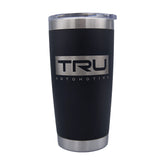 Tru Automotive YETI Rambler 20 oz Tumbler in Black with laser engraved TRU Automotive box logo, white background