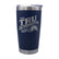 Tru Automotive YETI Rambler 20 oz Tumbler in Navy with laser engraved retro Enjoy TRU Automotive sunset logo, white background