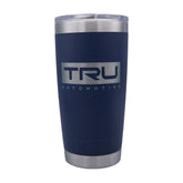 Tru Automotive YETI Rambler 20 oz Tumbler in Navy with laser engraved TRU Automotive box logo, white background