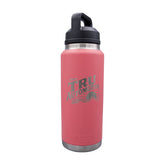Tru Automotive YETI Rambler 26 oz Water Bottle in Coral with Chug Cap and laser engraved retro Enjoy TRU Automotive sunset logo, white background