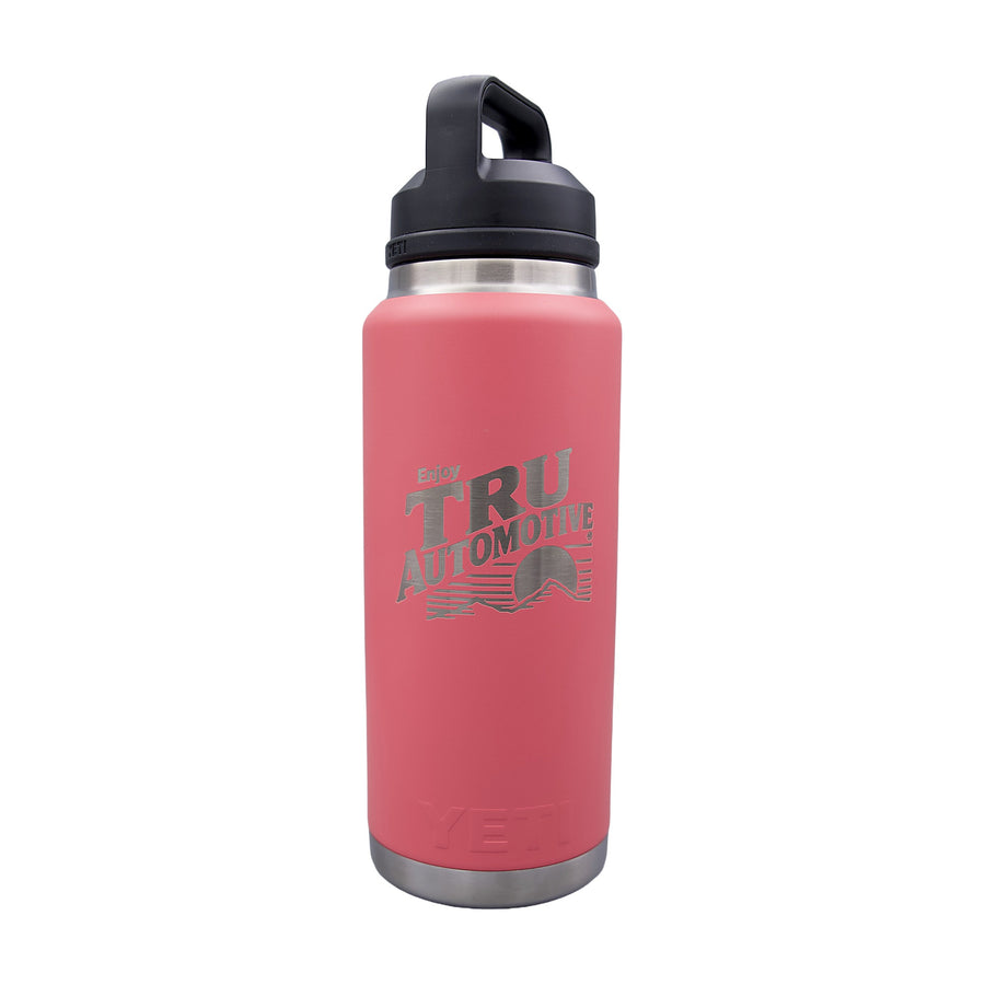 Tru Automotive YETI Rambler 26 oz Water Bottle in Coral with Chug Cap and laser engraved retro Enjoy TRU Automotive sunset logo, white background