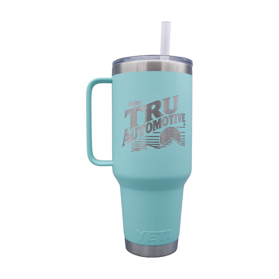 Tru Automotive YETI Rambler 35 oz Straw Mug in Seafoam with laser engraved retro Enjoy TRU Automotive sunset logo, white background