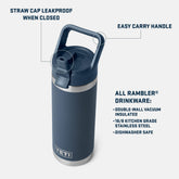 YETI Rambler 18 oz bottle features: straw cap leakproof when closed, easy carry handle, double-wall vacuum insulated, dishwasher safe