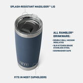 YETI Rambler 20 oz Tumbler features: splash resistant MagSlider Lid, fits in most cupholders, double-wall vacuum insulated, dishwasher safe