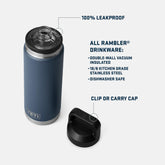 YETI Rambler water bottle features: 100 percent leakproof Chug Cap, double-wall vacuum insulated, 18/8 stainless steel, dishwasher safe