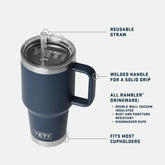 YETI Rambler 35 oz Straw Mug features: reusable straw, welded handle, fits most cupholders, double-wall vacuum insulated